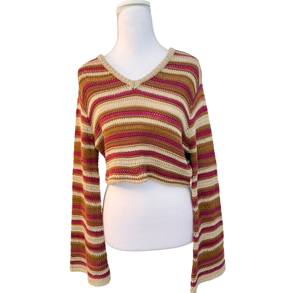 Lush Cropped Hoodie Women S Camel Pink Striped Open Knit Flare Sleeve Sweater